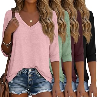 Ficerd 4 Pack Women's 3/4 Sleeve V-Neck Basic Tunic Tops Cotton Fashion Loose T-Shirts