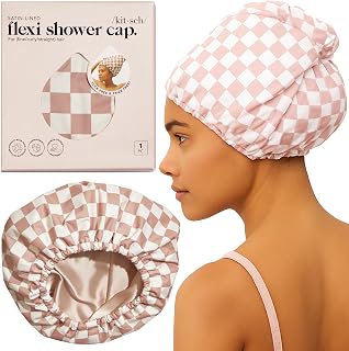Kitsch Luxury Satin-Lined Flexi Shower Cap for Women - Terracotta Checker | Shower Caps for Women Reusable Waterproof - Non-slip, Comfortable Quick-dry Hair Shower Cap for All Hair Types