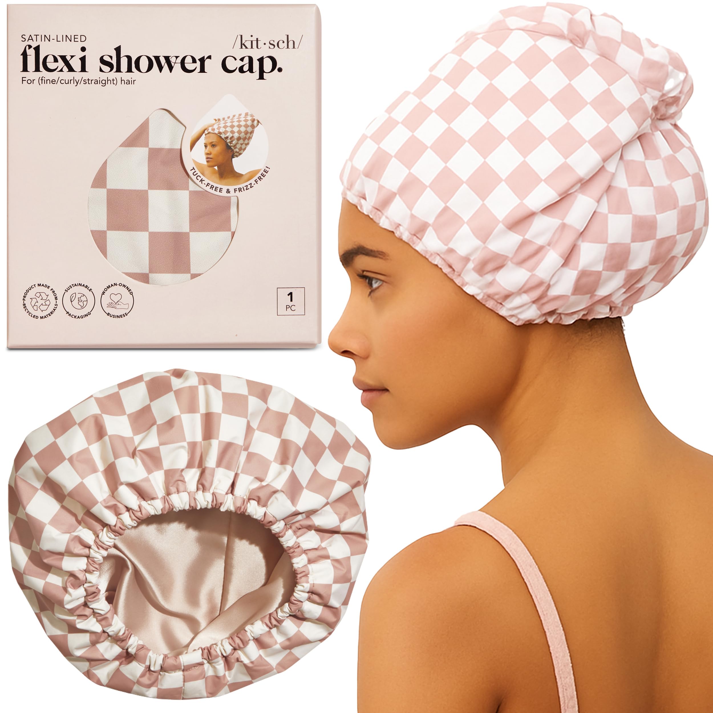 Kitsch Luxury Satin-Lined Flexi Shower Cap for Women - Terracotta Checker | Show