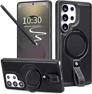 Butaiga Samsung Galaxy S24 Ultra Leather Case with Kickstand Anti-Slip Grip Ring Fits MagSafe (Black, S24 Ultra)