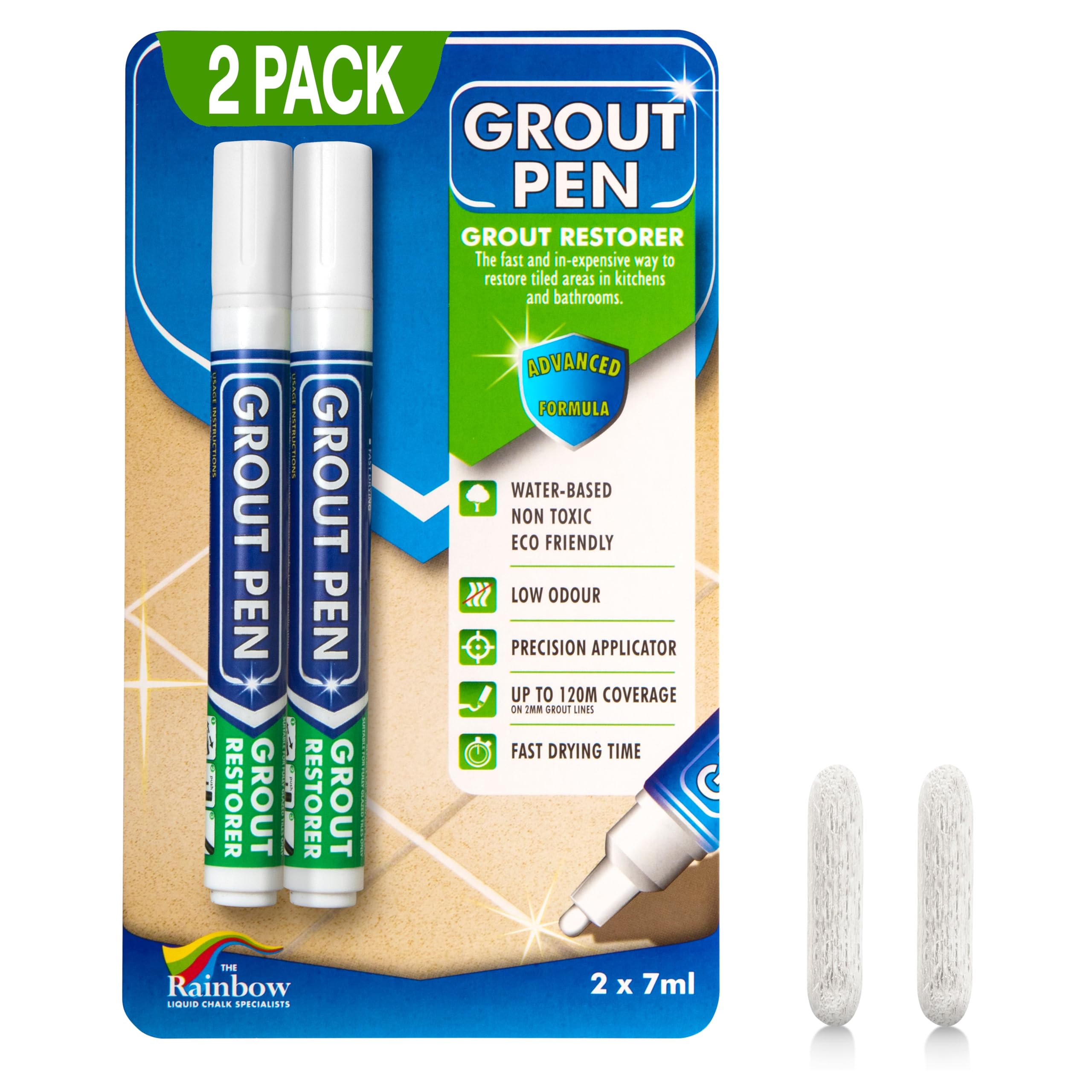 Twin Pack White Grout Pen - Designed for restoring tile grout in bathrooms & kit