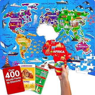 Giant World Map Puzzle Ages 4-6 - 70 Piece Floor Puzzles for Toddlers 3-5 | 2x3 Feet Large Floor Educational Kids Puzzles Ages 2-4 - Continent Shaped Puzzle Toy for Boys and Girls