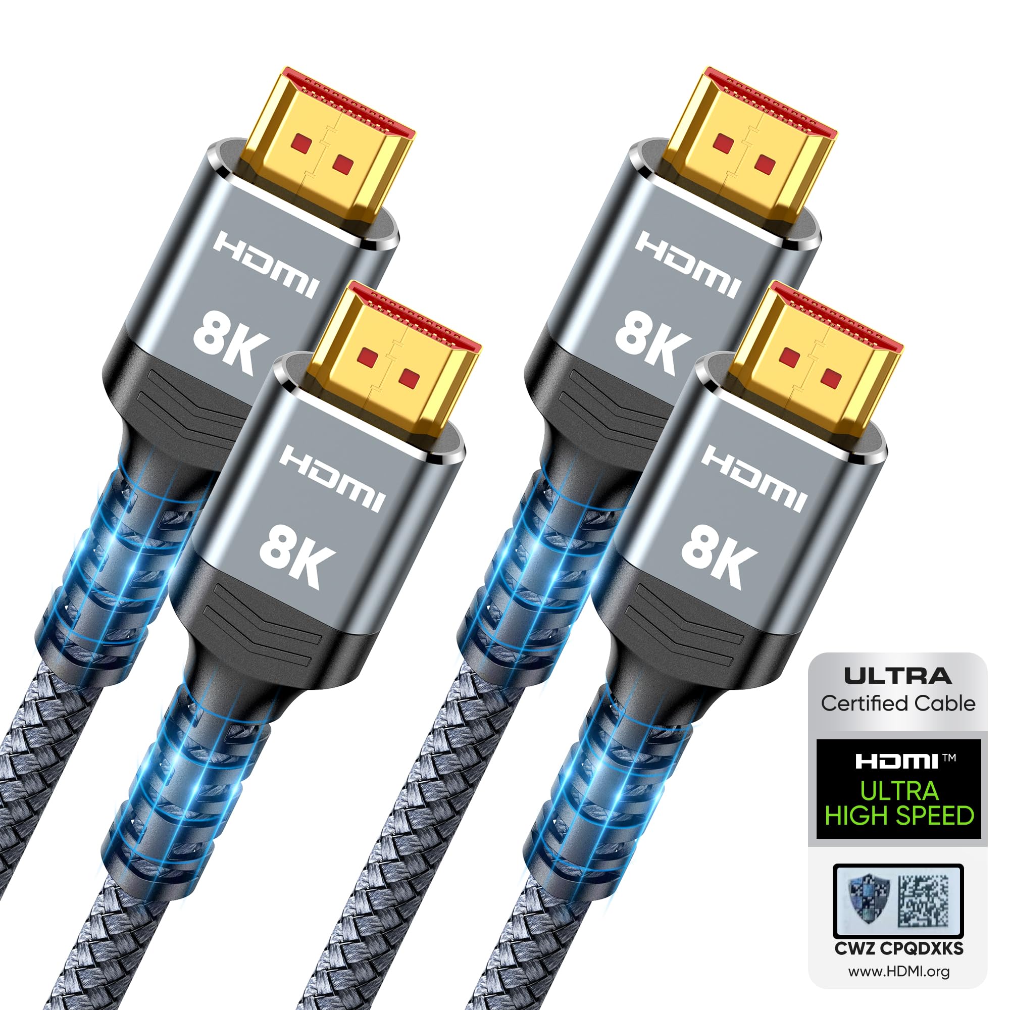 Highwings 8K HDMI 2.1 Cable 2-Pack 6.6FT, Certified 48Gbps Ultra High Speed | Br