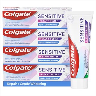 Colgate Sensitive Instant Relief Repair & Gentle Whitening Toothpaste | Instant* and Long-Lasting** Sensitivity Relief, Fluoride Toothpaste, Protective Layer with Calcium**, 4 Pack, 75ml Tubes