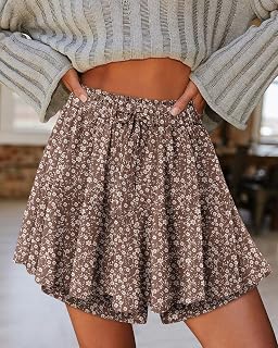 Women Summer Shorts Loose Ruffle Drawstring Shorts Boho Floral Print Casual Flowy Skirt