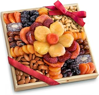 A Gift Inside Dried Fruit and Nuts Gift Basket – Gourmet Dried Apricots, Prunes, Pears, Peaches, Dates, Plums, Coconut Dates with Almonds, Roasted Almonds & Cashews – Reusable Wooden Gift Tray