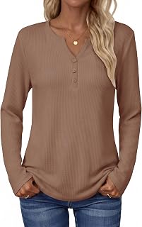 Zeagoo Blusa básica de manga larga para mujer, de punto gofre, elegante, casual, holgada, con botones, cuello en V, para otoño 2026
