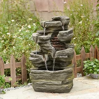 Bumilgar Outdoor Water Fountain 6-Tier Stacked Rock Design with LED Lights | Layered cascading flow, soothing waterfall sound, natural stone look, relaxing yard and entryway focal point