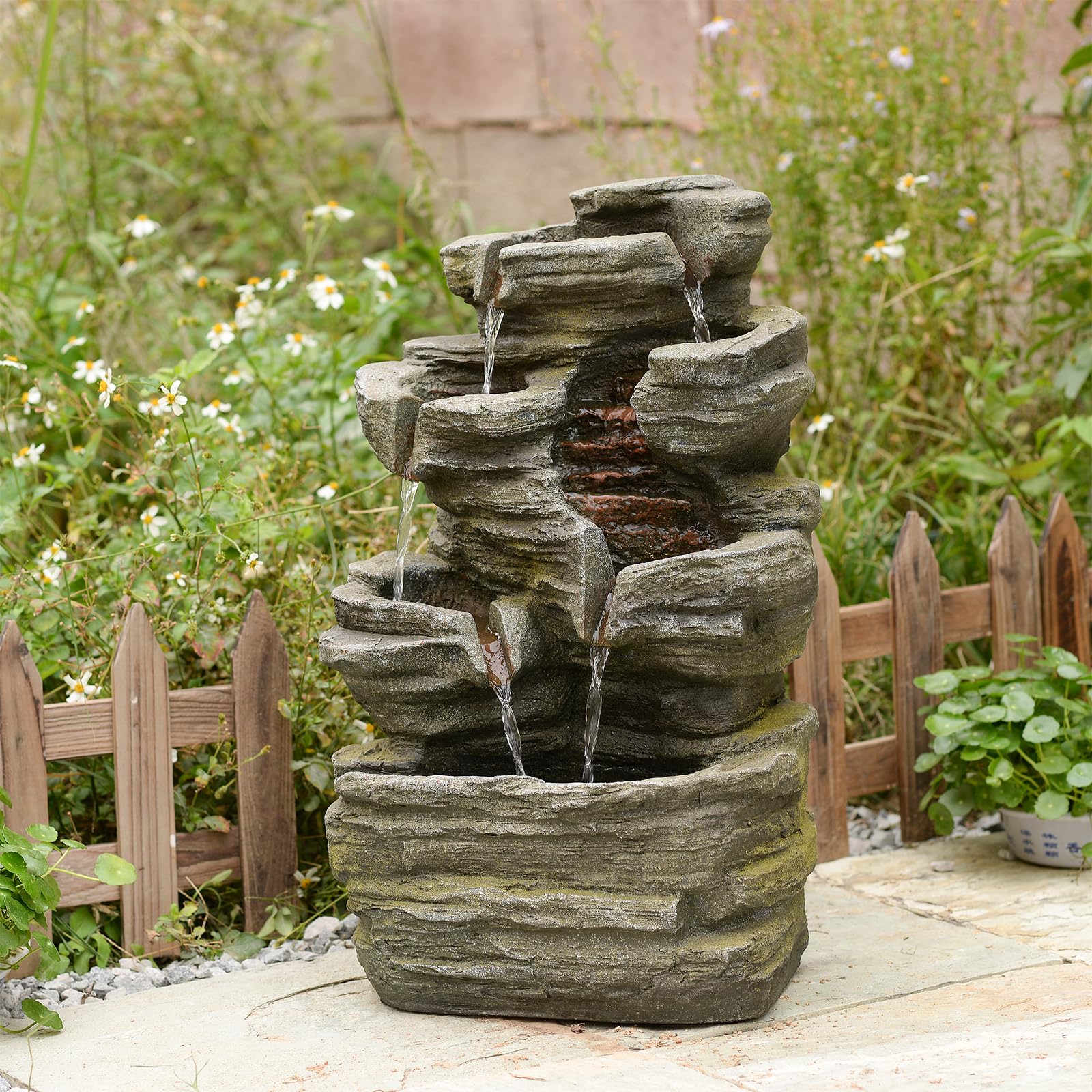 Bumilgar Outdoor Water Fountain 6-Tier Stacked Rock Design with LED Lights | Lay