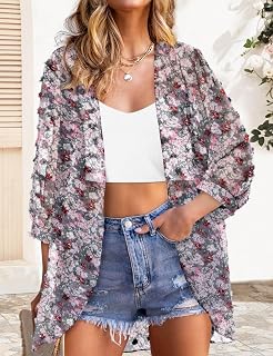 2025 Women Beach Kimono Floral Print Lightweight Capes 3/4 Sleeve
