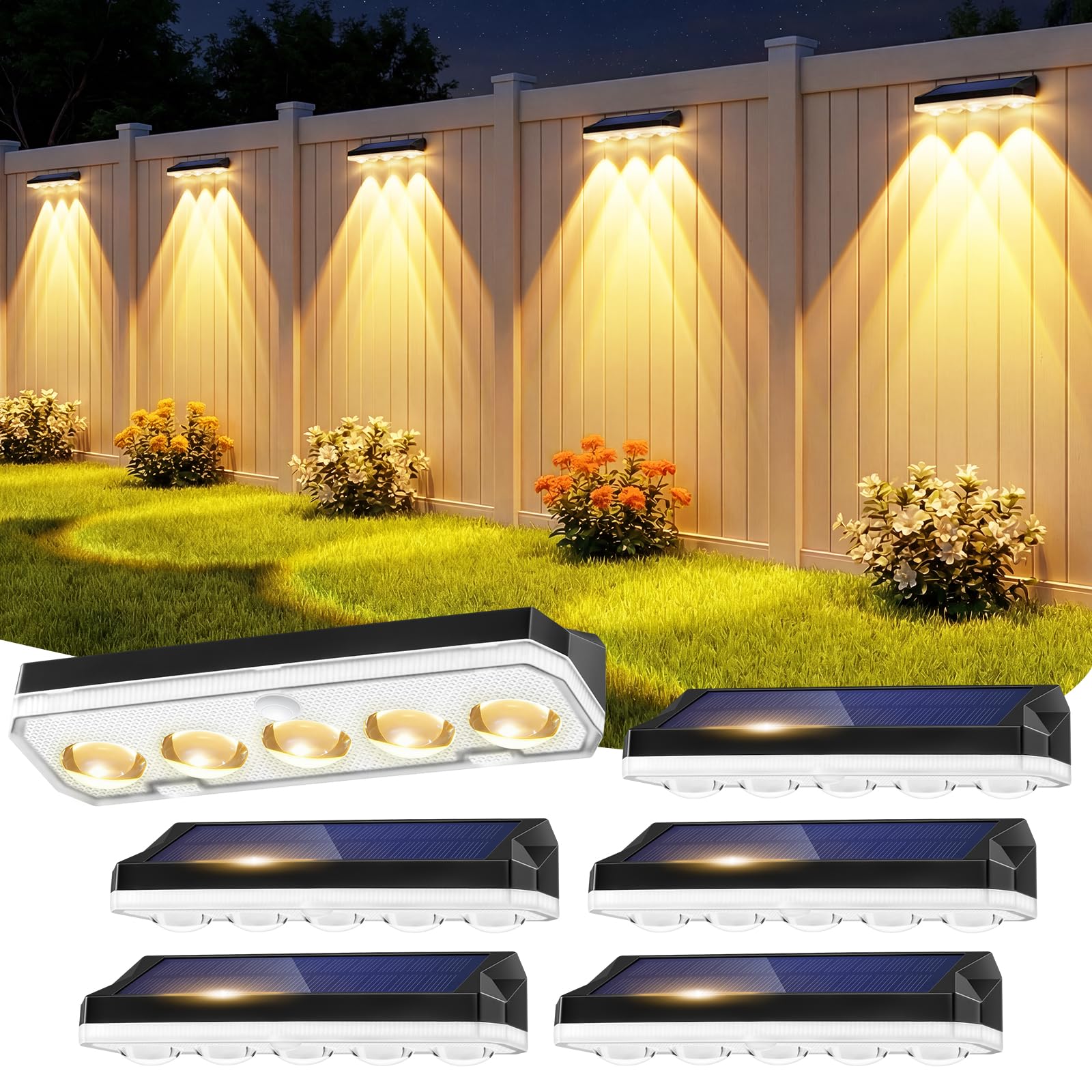 Wonkelly Solar Fence Lights Outdoor, 6 Pack Solar Lights Outdoor Garden | Warm W