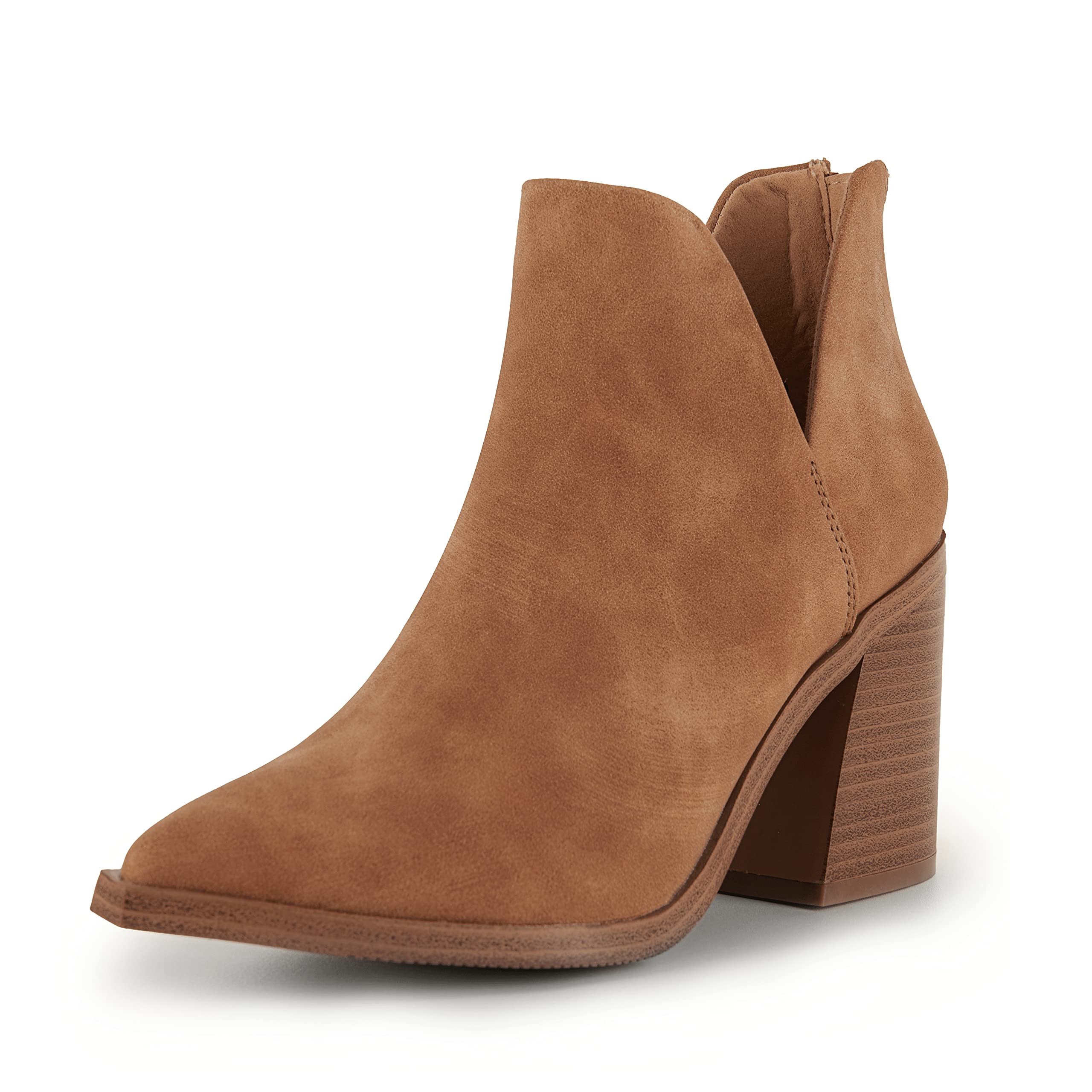 Kathemoi Womens Slip on Ankle Boots V Cutout Pointed Toe Chunky Stacked Mid Heel