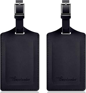 Travelambo 2 Pack Luggage Tags for Suitcases Airplane Travel Essentials | Bright Bag Name Tags TSA Approved, Faux Leather, Privacy Protection Flat, Black