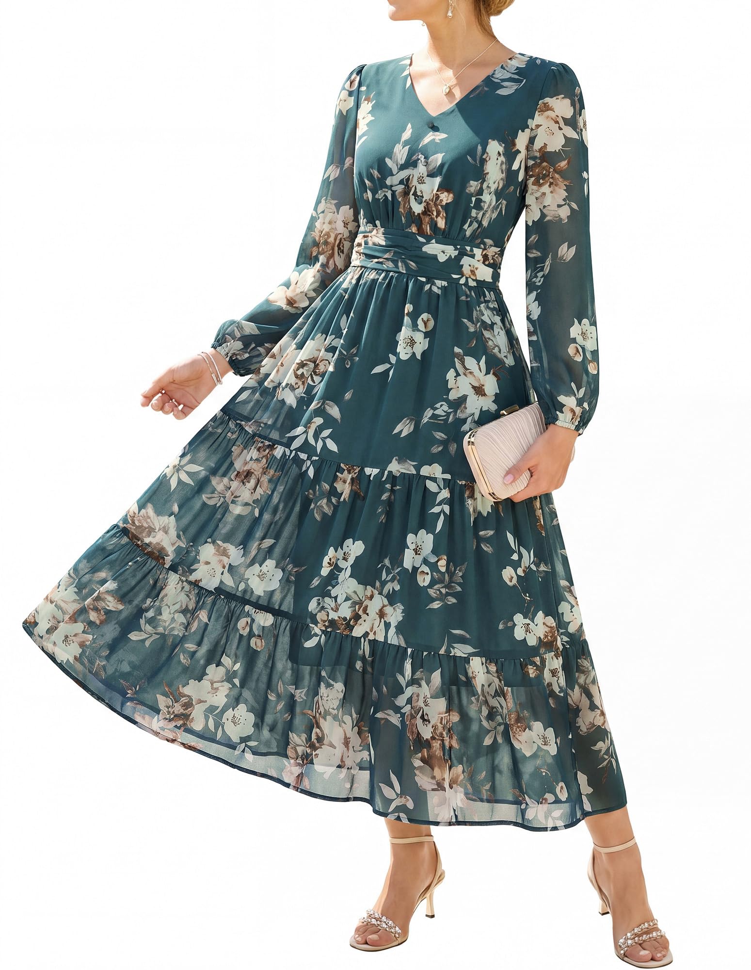 GRACE KARIN Women's Elegant V-Neck Long Sleeve Floral Dress