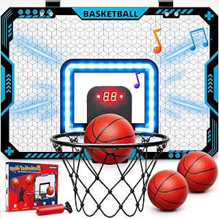Mini Basketball Hoop Indoor Kids LED Lights Sound Auto Scoring Boys Gifts | Over the Door BasketBall Hoops with 3 Balls and Pump Electronic Scoreboard Game Toys Gifts for 4-12 Year Old Boys Girls