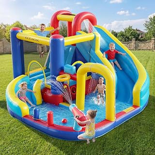 ELEMARA 12-in-1 Inflatable Water Slide Park for Big Kids, 20.07x15.91FT Bouncer with 3 Long Slides, Climbing Wall, Digital Springboard & Splash Pool, Includes 950W Air Blower (Blue+Yellow)