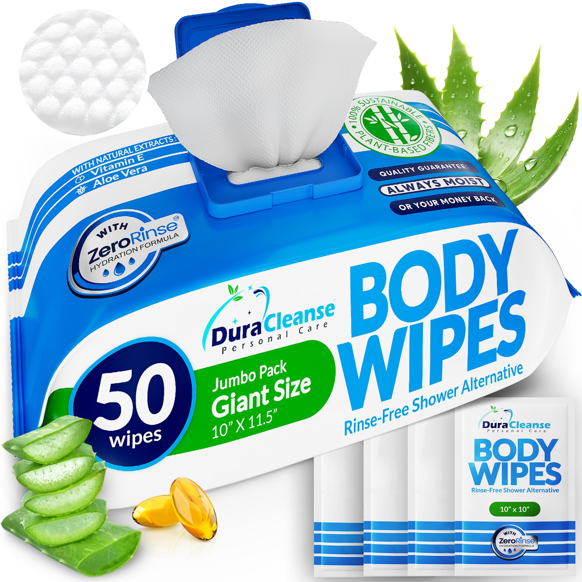 XL Body Wipes for Adults Bathing No Rinse - Shower Wipes & Bath - 50 Ct + 4 | Al