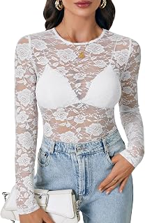 LYANER Sexy Women Mesh Floral Long Sleeve Sheer Lace Blouse