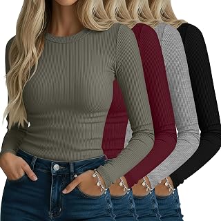 Neer 4 Pack Women's Ribbed Long Sleeve Shirts Cotton Basic Tops