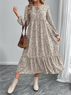 Women Long Sleeve V Neck Leopard Print Ruffle Hem Dress Fashion Dresses