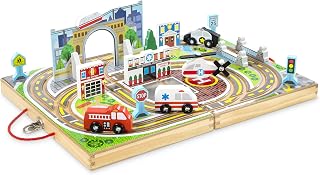 Melissa & Doug Take-Along Town Wooden Tabletop Play Set | 18 Pieces, Portable Wooden Playset, 4 Rescue Vehicles, Monorail, Storage Case, Pretend Play, Preschool Toys for Kids, Ages 3+
