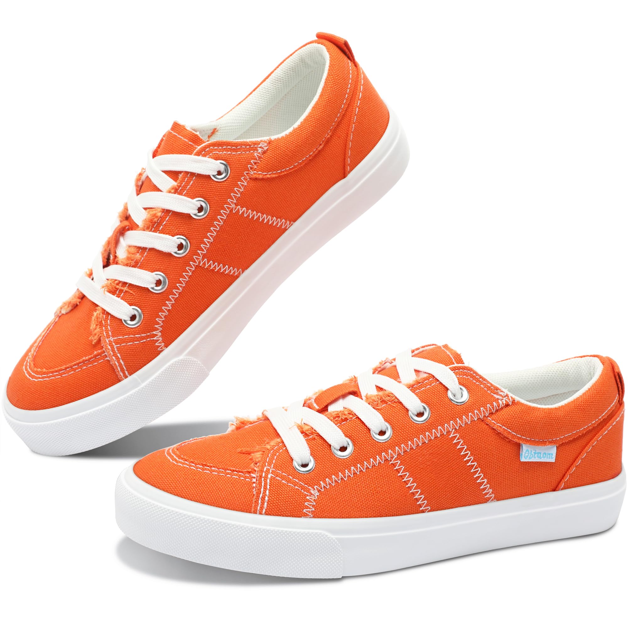 Obtaom Women's White Play Fashion Sneakers Cute Lace up Canvas Shoes Low Top Was