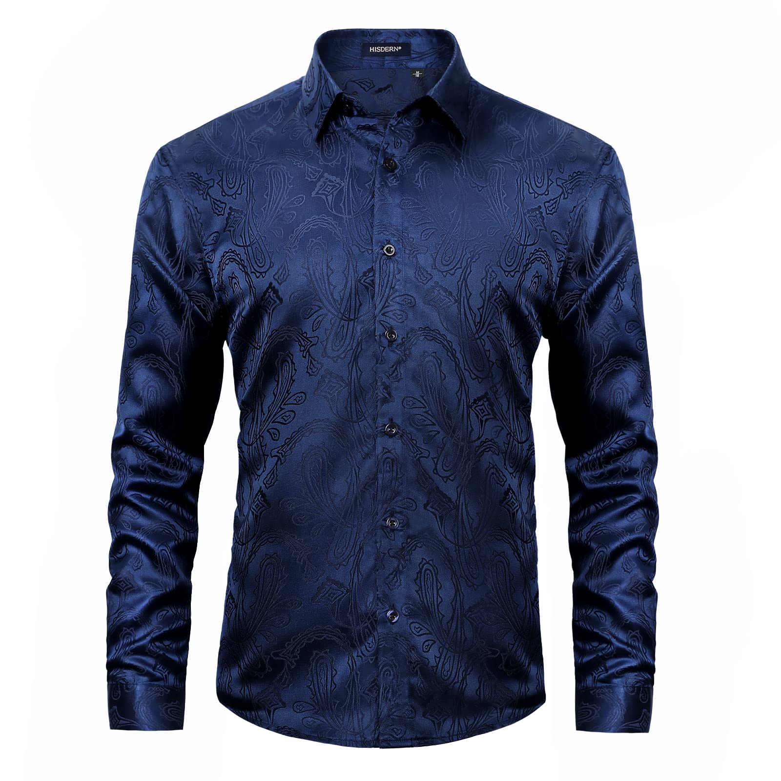 HISDERN Men's Floral Paisley Satin Shirt Long Sleeve Casual Formal Fashion Dress