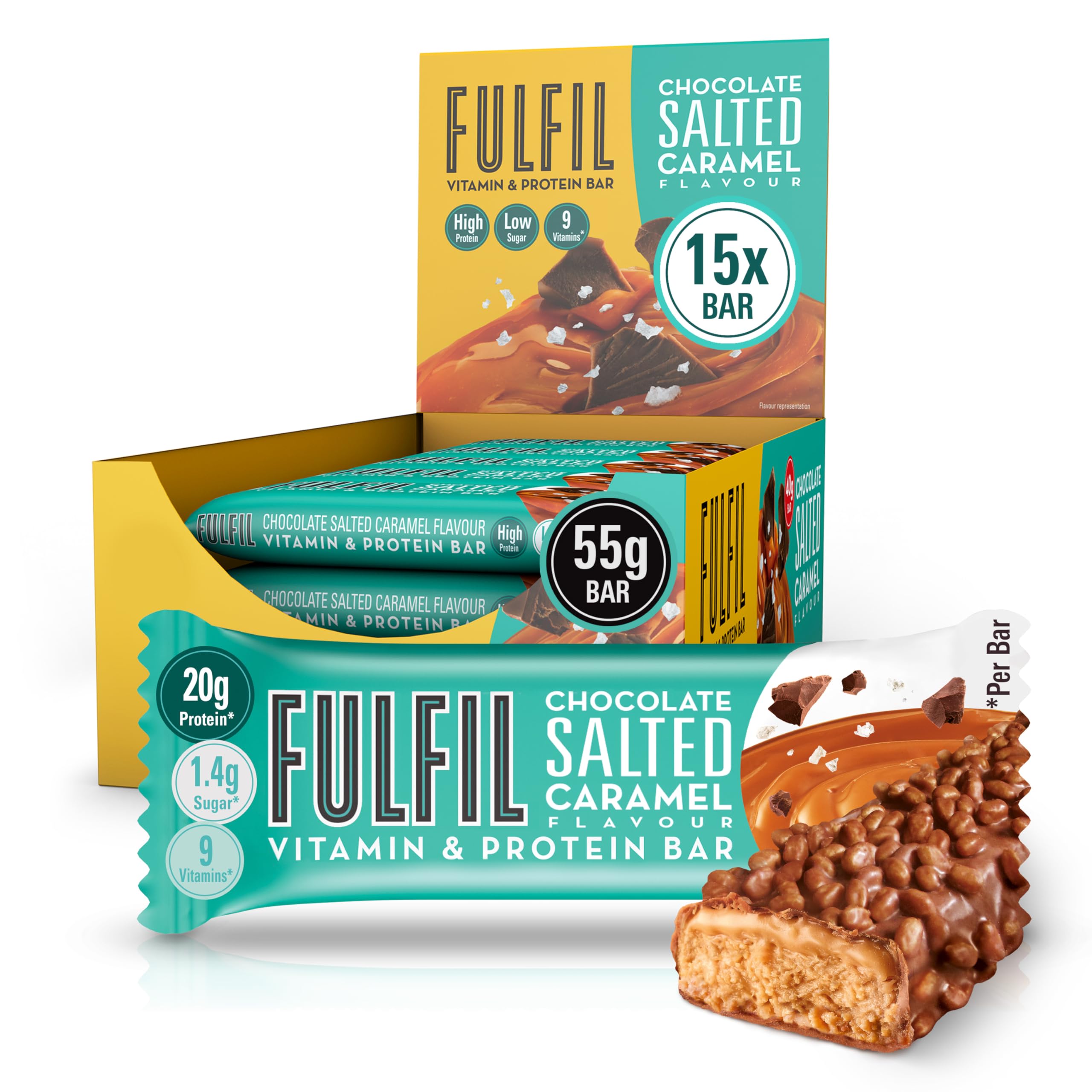 FULFIL Vitamin and Protein Bars, Chocolate Salted Caramel Flavour, 15 x 55g | Up