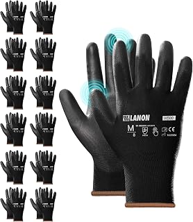 LANON Work Gloves for Men and Women, 12 Pairs PU Coated, Black, Medium