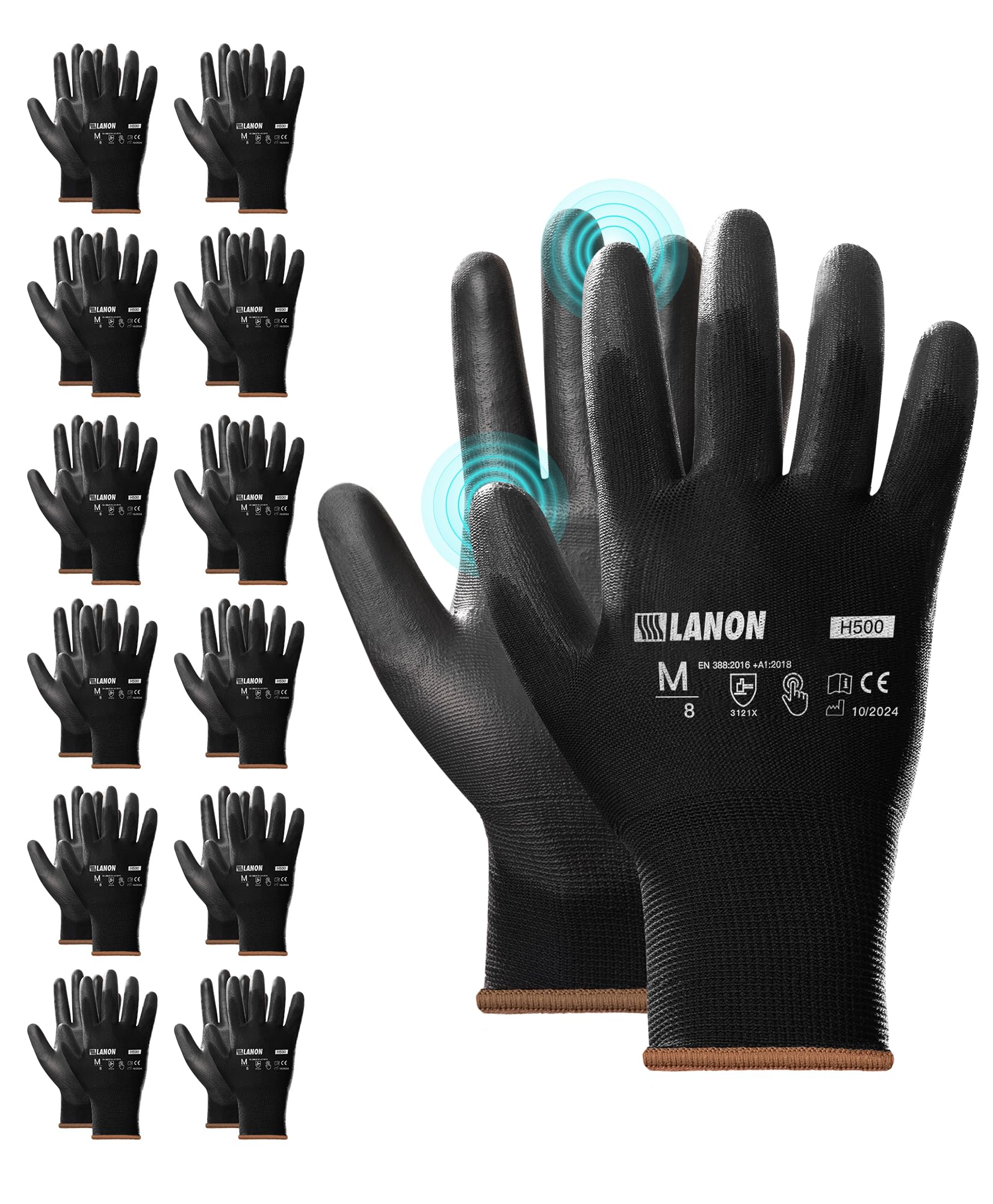 LANON Work Gloves for Men and Women, 12 Pairs PU Coated, Black, Medium