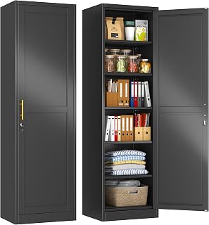 Tall Narrow Metal Storage Lockers Cabinet for Employees,67" Home Office File Storage Locker Cabinets with 5 Adjustable Shelves and Lockable Doors,Steel Bathroom Pantry Cabinet for Gym,School,Black