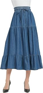 Tronjori Womens A Line Long Midi Denim Skirt Tired Layers with Drawstring