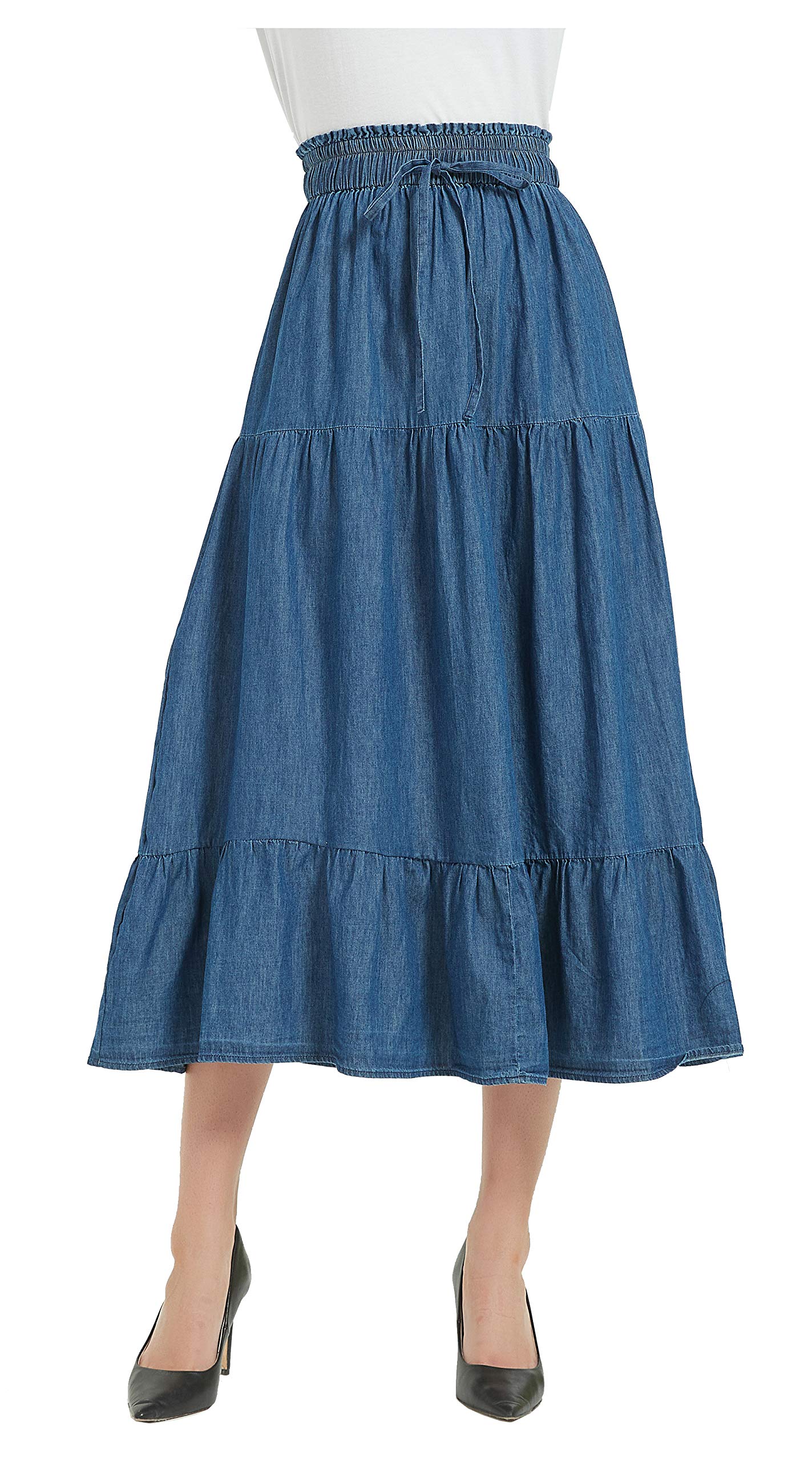 Tronjori Womens A Line Long Midi Denim Skirt Tired Layers with Drawstring