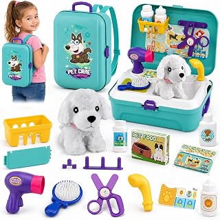 TEUVO Pet Care Play Set Pretend Play Vet Kit for Kids, 16Pcs Doctor Pretend Play Vet Dog Grooming Toys Puppy Dog Carrier Feeding Dog Educational Backpack Gifts for Girls Boys 3-7 Years Old