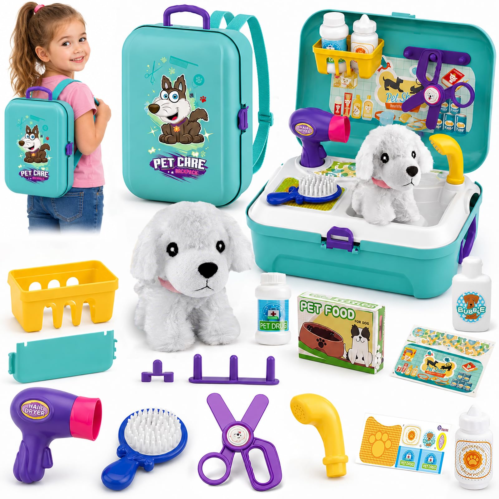 TEUVO Pet Care Play Set Pretend Play Vet Kit for Kids, 16Pcs Doctor Pretend Play