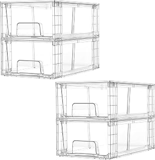 Vtopmart 4 Pack Stackable Clear Drawer with Dividers | Easy Assembly, Stackable Storage, Removable Dividers, Non-Slip Design, For Fridge, Under Sink, Pantry & Bathroom
