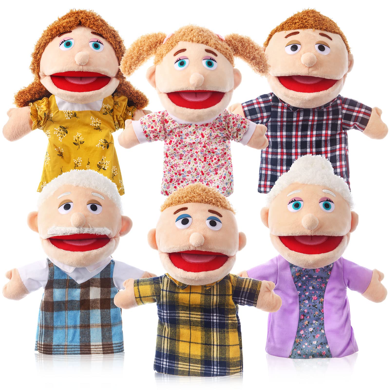 6 Pcs Family Hand Puppets 12 Inch Grandparents, Mom & Dad, Brother & Sister Plus