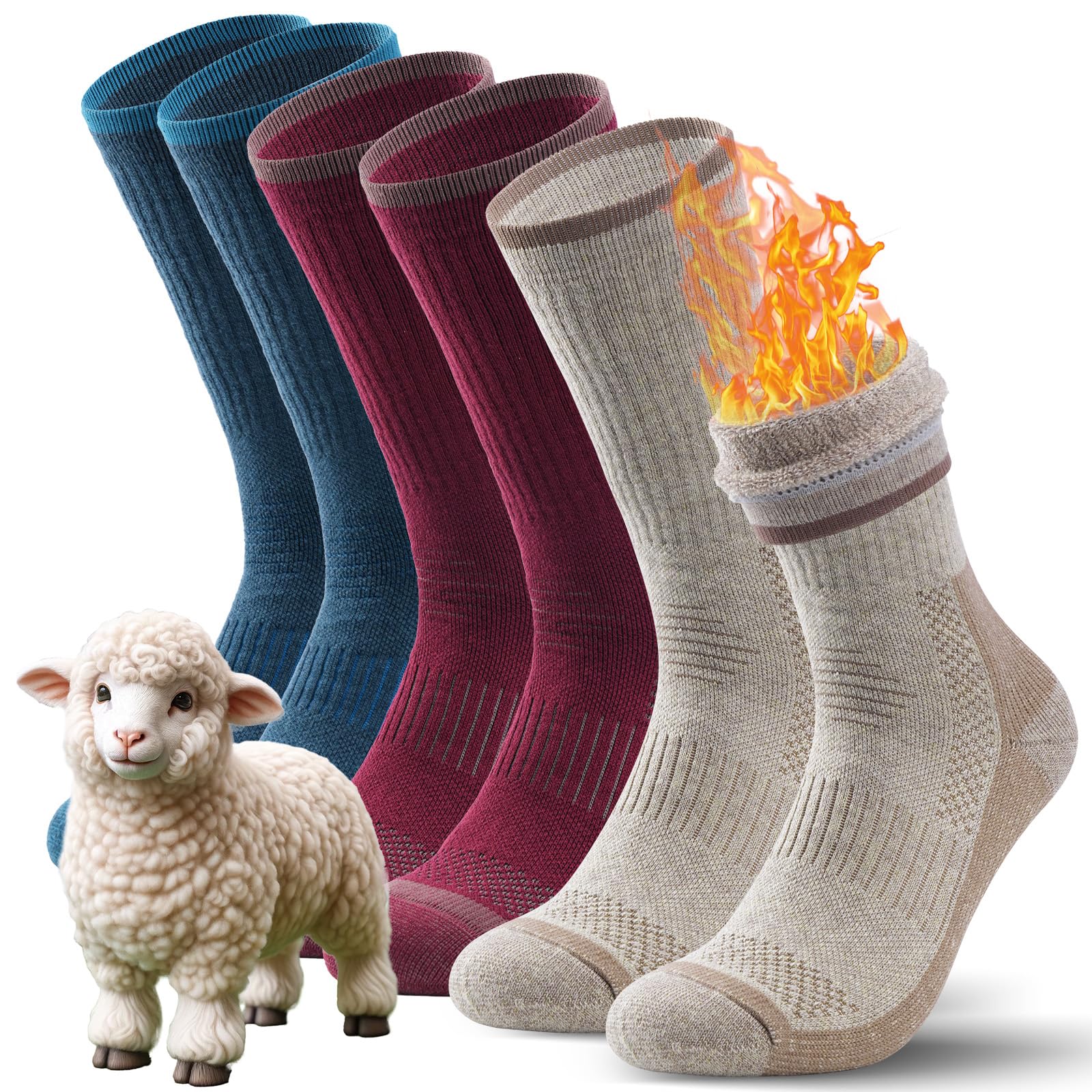 Merino Wool thermal socks for Men & Women,Cushioned Hiking Socks 3 pairs