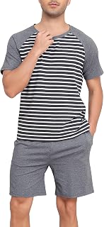 Vlazom Men's Pyjama Sets Cotton Soft Pj Short Sets Stripes Top and Shorts for Sleepwear Loungewear with Pockets S-XXL