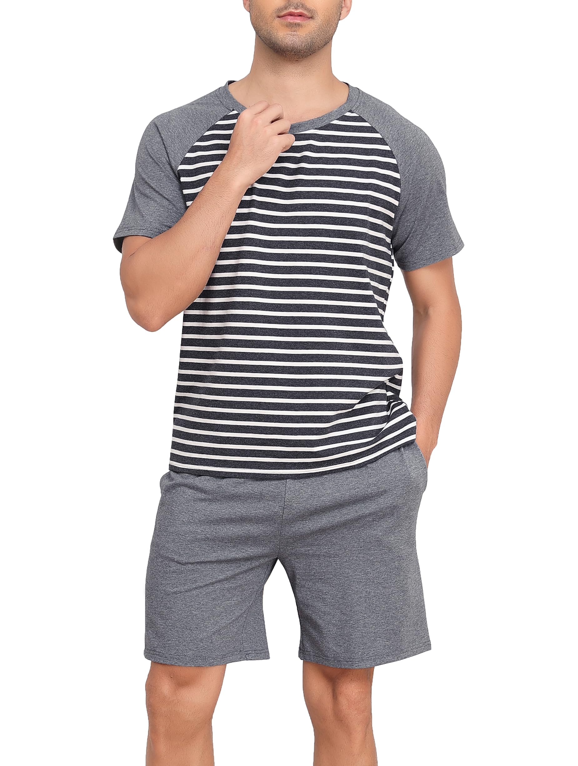 Vlazom Men's Pyjama Sets Cotton Soft Pj Short Sets Stripes Top and Shorts for Sl