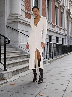Womens Ribbed Knit Button Up Maxi Dress - Long Sleeve V Neck Bodycon Dress Beige M