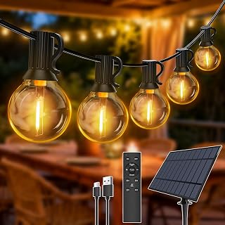 Hopexy 15M Solar String Lights Outdoor, Festoon Lights with 20+1 G40 Bulbs | Waterproof Festoon Lights with Shatterproof G40 Bulbs, 3 Modes/Dimmable/USB & Solar Powered String Light for Outside Patio