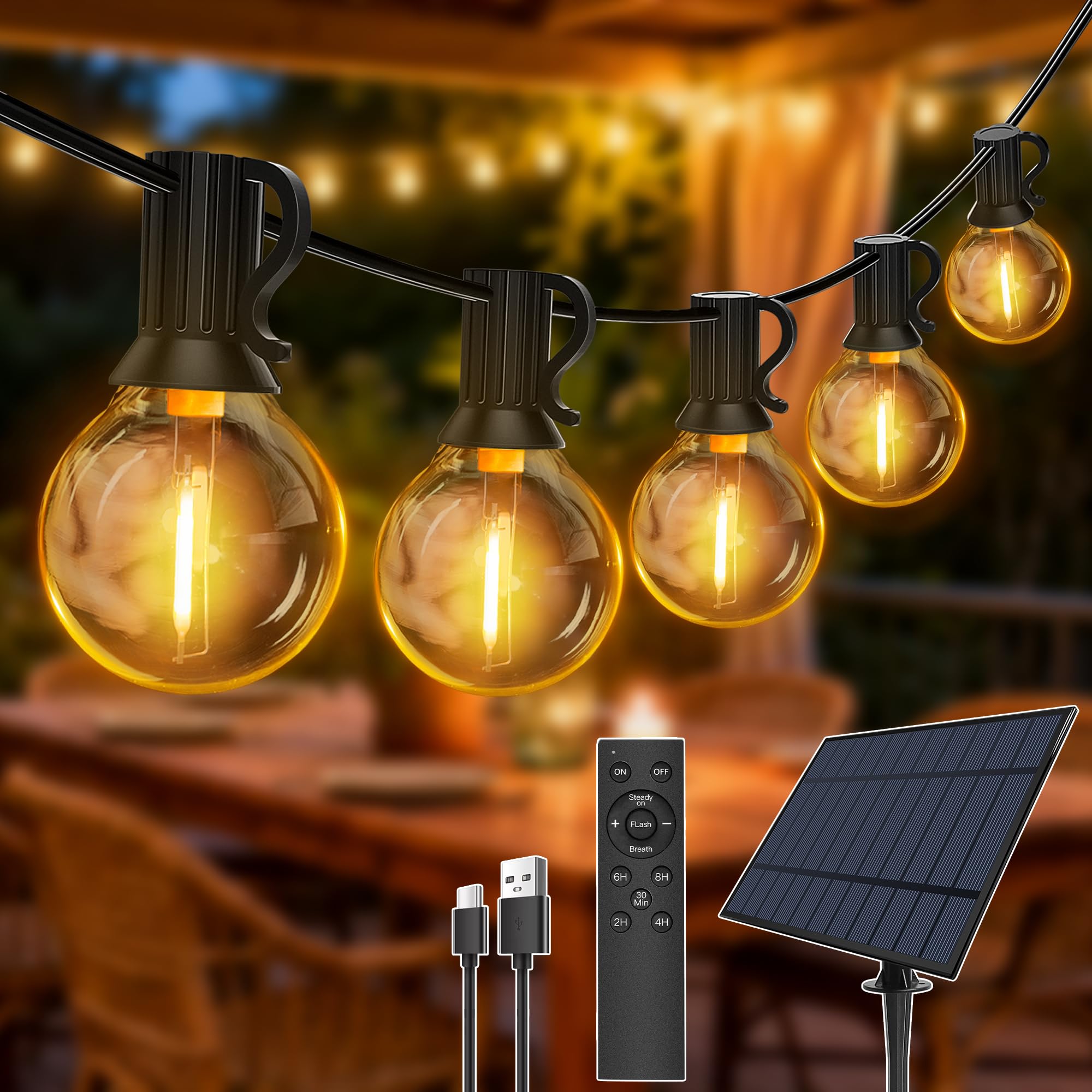 Hopexy 15M Solar String Lights Outdoor, Festoon Lights with 20+1 G40 Bulbs | Wat