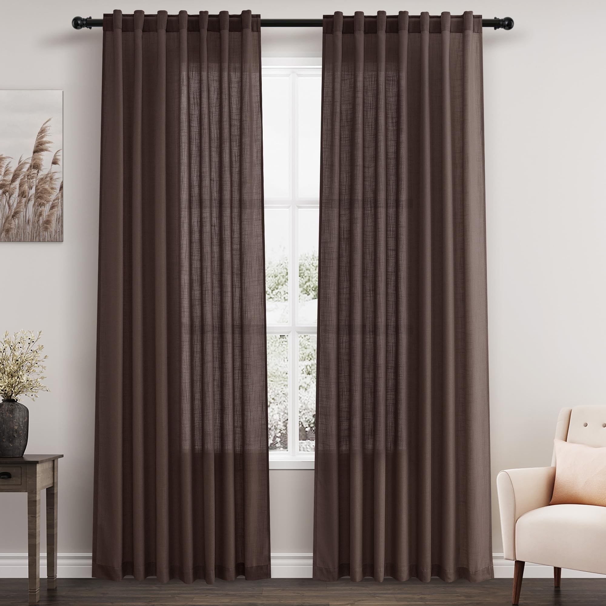 Nanspring Coffee Linen Blend Drapes 84 Inch Length 2 Panels Set Back Tab Rod Poc