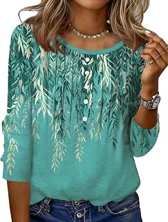 Zeagoo 3/4 Sleeve Women Tops Round Neck Casual Summer Tunic Tops Basic Tees Blouses Elegant Pleated T-Shirts