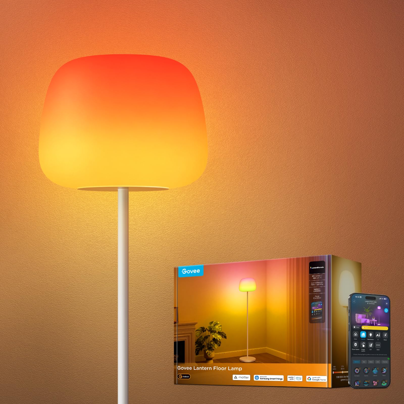 Govee Lantern Floor Lamp, Halo Gradient RGBIC Smart Corner Lamp for Bedroom | Lu