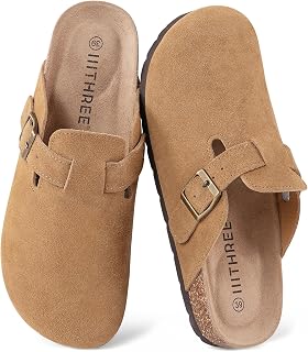 IIITHREE Women's Suede Clogs Cork Footbed Clogs for Women Soft Leather Adjustable Buckle Slip-on Potato Shoes Sandals