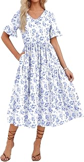 Zeagoo Women's Summer Dress Casual V-Neck Floral Short Sleeve Ruffle Beach Dress with Pockets