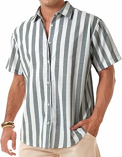 J.Ver Camisa de lino para hombre, manga corta, de lino, para el tiempo libre, para negocios, verano, informal, corte regular, Rayas blancas y negras, XL