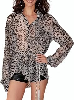 Prettywear Women Sheer Long Sleeve Top Sheer Mesh Oversized Sexy Trendy Button Down Shirt Tunic